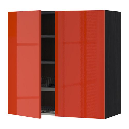МЕТОД Навесной шкаф с посуд суш/2 дврц - под дерево черный, Ерста глянцевый оранжевый, 80x80 см
