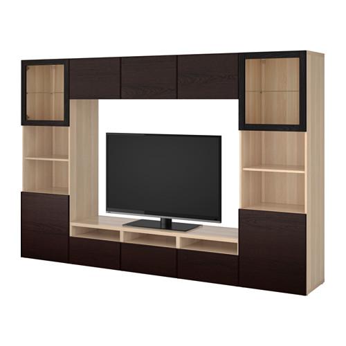 БЕСТО Шкаф для ТВ, комбин/стеклян дверцы - под беленый дуб Синдвик/Инвикен черно-коричневый прозрачное стекло, направляющие ящика,нажимные