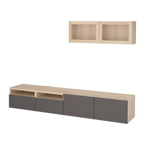 БЕСТО Шкаф для ТВ, комбин/стеклян дверцы - под беленый дуб Грундсвикен/темно-серый прозрачное стекло, направляющие ящика, плавно закр БЕСТО Шкаф для ТВ, комбин/стеклян дверцы - под беленый дуб Грундсвикен/темно-серый прозрачное стекло, направляющие ящика, плавно закр