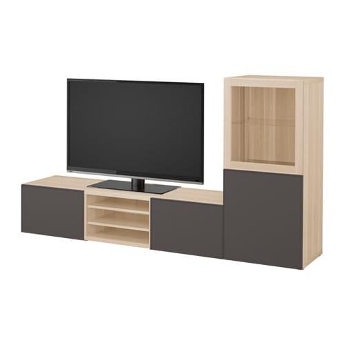 БЕСТО Шкаф для ТВ, комбин/стеклян дверцы - под беленый дуб Грундсвикен/темно-серый прозрачное стекло, направляющие ящика,нажимные БЕСТО Шкаф для ТВ, комбин/стеклян дверцы - под беленый дуб Грундсвикен/темно-серый прозрачное стекло, направляющие ящика,нажимные