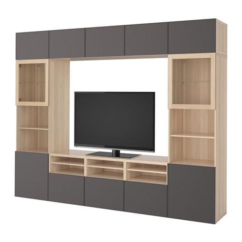 БЕСТО Шкаф для ТВ, комбин/стеклян дверцы - под беленый дуб Грундсвикен/темно-серый прозрачное стекло, направляющие ящика, плавно закр