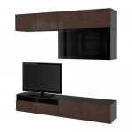 БЕСТО Шкаф для ТВ, комбин/стеклян дверцы - черно-коричневый/Сельсвикен глянцевый/коричневый прозрач стекло, направляющие ящика, плавно закр