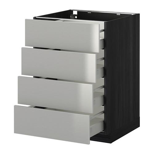 МЕТОД / МАКСИМЕРА Напольн шкаф 4 фронт панели/4 ящика - под дерево черный, Гревста нержавеющ сталь, 60x60 см