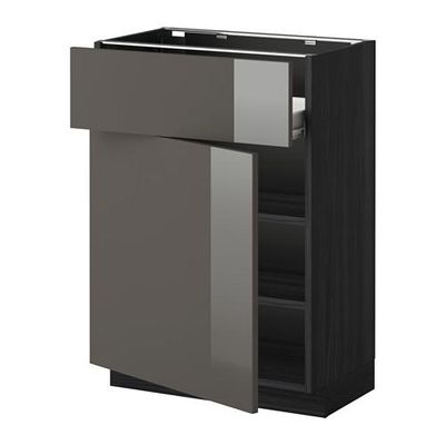 МЕТОД / ФОРВАРА Напольн шкаф с полкой/ящиком/дверью - под дерево черный, Рингульт глянцевый серый, 60x37 см