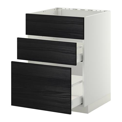 МЕТОД / МАКСИМЕРА Напольн шк п-мойку+3фрнт пнл/2ящ - белый, Тингсрид под дерево черный, 60x60 см