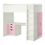 СТУВА Кровать-чердак/3 ящика/2 дверцы - белый/розовый, 207x99x193 см