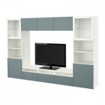 БЕСТО Шкаф для ТВ, комбин/стеклян дверцы - белый/Вальвикен серо-бирюзовый, прозрачное стекло, направляющие ящика,нажимные