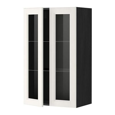 МЕТОД Навесной шкаф с полками/2 стекл дв - 60x100 см, Лаксарби белый, под дерево черный