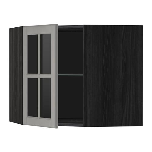 МЕТОД Углов навесн шк с полками/сткл дв - под дерево черный, Будбин серый, 68x60 см