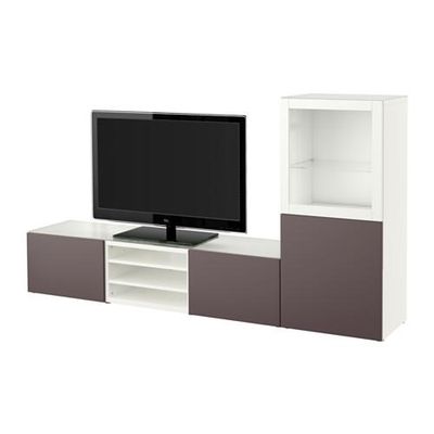 БЕСТО Шкаф для ТВ, комбин/стеклян дверцы - белый/Вальвикен темно-коричневый, прозрачное стекло, направляющие ящика,нажимные