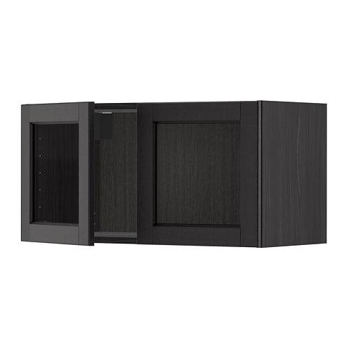 МЕТОД Навесной шкаф с 2 стеклянн дверями - под дерево черный, Лерх черная морилка