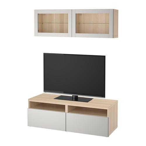 БЕСТО Шкаф для ТВ, комбин/стеклян дверцы - под беленый дуб Лаппвикен/светло-серый прозрачное стекло, направляющие ящика,нажимные