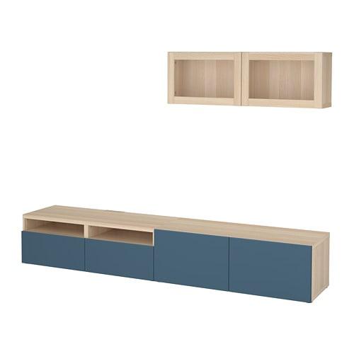 БЕСТО Шкаф для ТВ, комбин/стеклян дверцы - под беленый дуб Вальвикен/темно-синий прозрачное стекло, направляющие ящика, плавно закр БЕСТО Шкаф для ТВ, комбин/стеклян дверцы - под беленый дуб Вальвикен/темно-синий прозрачное стекло, направляющие ящика, плавно закр