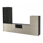 БЕСТО Шкаф для ТВ, комбин/стеклян дверцы - черно-коричневый/Сельсвикен глянцевый/бежевый/дымчатое стекло, направляющие ящика, плавно закр