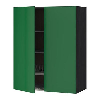 МЕТОД Навесной шкаф с посуд суш/2 дврц - 80x100 см, Флэди зеленый, под дерево черный