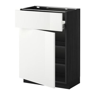 МЕТОД / ФОРВАРА Напольн шкаф с полкой/ящиком/дверью - под дерево черный, Рингульт глянцевый белый, 60x37 см