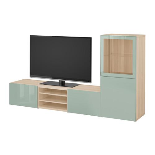 БЕСТО Шкаф для ТВ, комбин/стеклян дверцы - под беленый дуб Сельсвикен/глянцевый/серо-зеленый светлый прозрачное стекло, направляющие ящика,нажимные