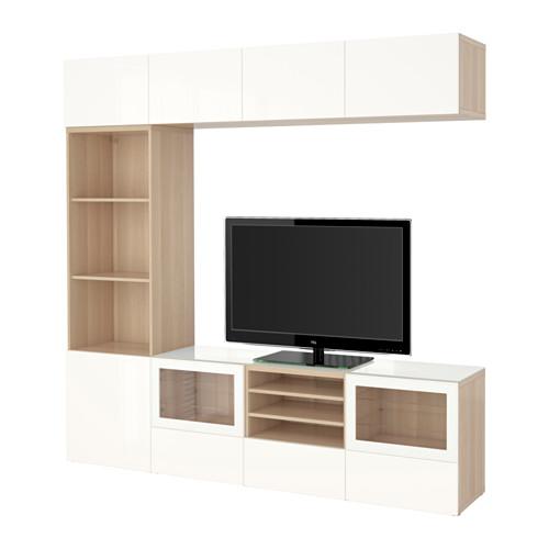 БЕСТО Шкаф для ТВ, комбин/стеклян дверцы - под беленый дуб/Сельсвикен глянцевый/белый прозрачное стекло, направляющие ящика, плавно закр