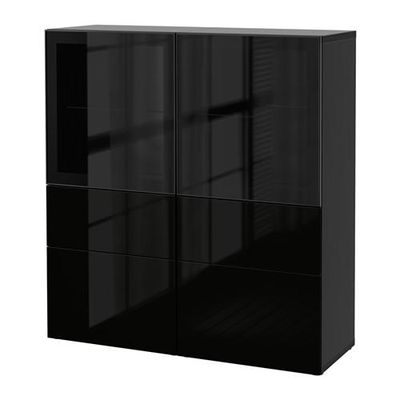 БЕСТО Комбинация д/хранения+стекл дверц - черно-коричневый/Сельсвикен глянцевый/черный прозрачное стекло, направляющие ящика,нажимные