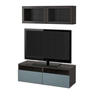 БЕСТО Шкаф для ТВ, комбин/стеклян дверцы - черно-коричневый/Вальвикен серо-бирюзовый, прозрачное стекло, направляющие ящика,нажимные