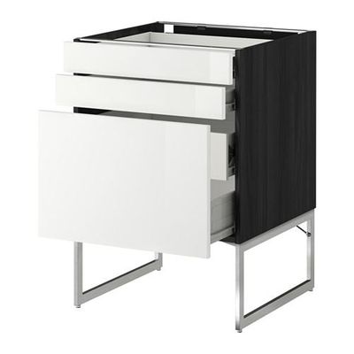 МЕТОД / ФОРВАРА Напольн шкаф 3фронт пнл/2низ/2ср ящ - 60x60x60 см, Рингульт глянцевый белый, под дерево черный