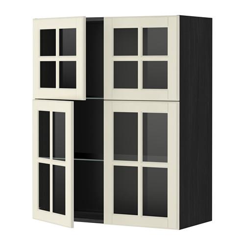 МЕТОД Навесной шкаф с полками/4 стекл дв - под дерево черный, Будбин белый с оттенком