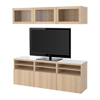 БЕСТО Шкаф для ТВ, комбин/стеклян дверцы - направляющие ящика, плавно закр, Лаппвикен/Синдвик под беленый дуб, прозрачное стелко