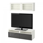 БЕСТО Шкаф для ТВ, комбин/стеклян дверцы - белый/Сельсвикен глянцевый/серый прозрачное стекло, направляющие ящика, плавно закр