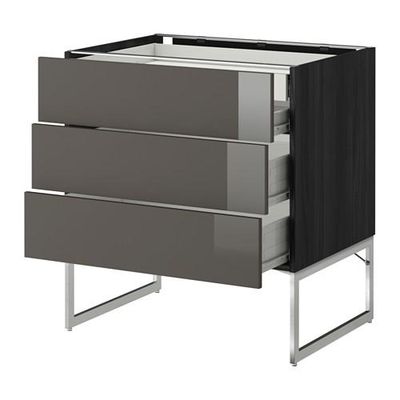 МЕТОД / ФОРВАРА Напольн шкаф 3фронт пнл/2низ/2ср ящ - 80x60x60 см, Рингульт глянцевый серый, под дерево черный