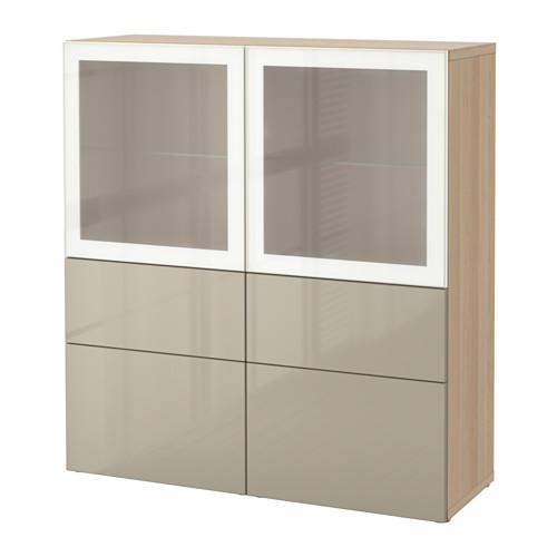 БЕСТО Комбинация д/хранения+стекл дверц - под беленый дуб/Сельсвикен глянцевый/бежевый матовое стекло, направляющие ящика,нажимные БЕСТО Комбинация д/хранения+стекл дверц - под беленый дуб/Сельсвикен глянцевый/бежевый матовое стекло, направляющие ящика,нажимные