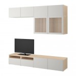 БЕСТО Шкаф для ТВ, комбин/стеклян дверцы - под беленый дуб/Лаппвикен светло-серый прозрачное стекло, направляющие ящика,нажимные