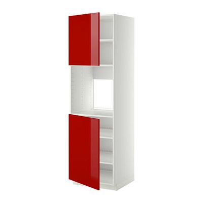 МЕТОД Высок шкаф д/духовки/2дверцы/полки - 60x60x200 см, Рингульт глянцевый красный, белый