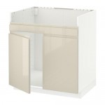МЕТОД Напольный шкаф д/двойн мойки ХАВСЕН - белый, Воксторп глянцевый светло-бежевый
