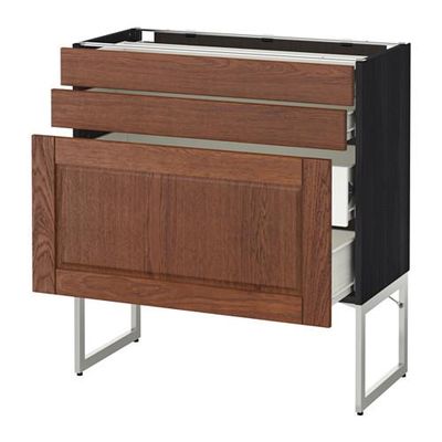 МЕТОД / ФОРВАРА Напольн шкаф 3фронт пнл/2низ/2ср ящ - 80x37x60 см, Филипстад коричневый, под дерево черный
