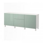 БЕСТО Комбинация для хранения с ящиками - белый/Сельсвикен глянцевый/серо-зеленый светлый, направляющие ящика,нажимные