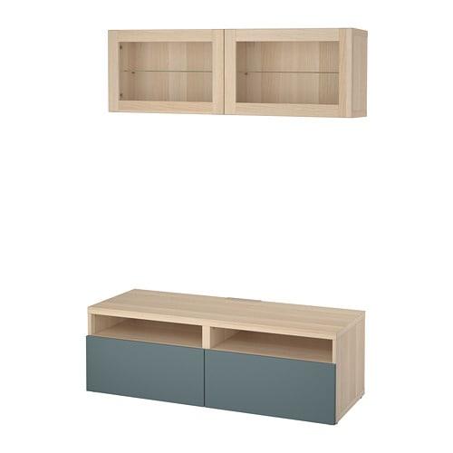 БЕСТО Шкаф для ТВ, комбин/стеклян дверцы - под беленый дуб/Вальвикен серо-бирюзовый, прозрачное стекло, направляющие ящика, плавно закр БЕСТО Шкаф для ТВ, комбин/стеклян дверцы - под беленый дуб/Вальвикен серо-бирюзовый, прозрачное стекло, направляющие ящика, плавно закр