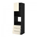 МЕТОД / МАКСИМЕРА Высок шкаф д/духовки/СВЧ/дверца/3ящ - 60x60x220 см, Рингульт глянцевый кремовый, под дерево черный