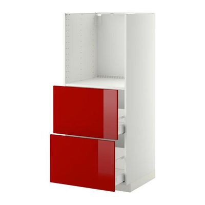 МЕТОД / МАКСИМЕРА Высокий шкаф с 2 ящиками д/духовки - Рингульт глянцевый красный, белый