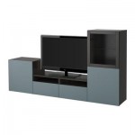 БЕСТО Шкаф для ТВ, комбин/стеклян дверцы - черно-коричневый/Вальвикен серо-бирюзовый, прозрачное стекло, направляющие ящика,нажимные