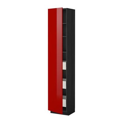 МЕТОД / МАКСИМЕРА Высокий шкаф с ящиками - 40x37x200 см, Рингульт глянцевый красный, под дерево черный