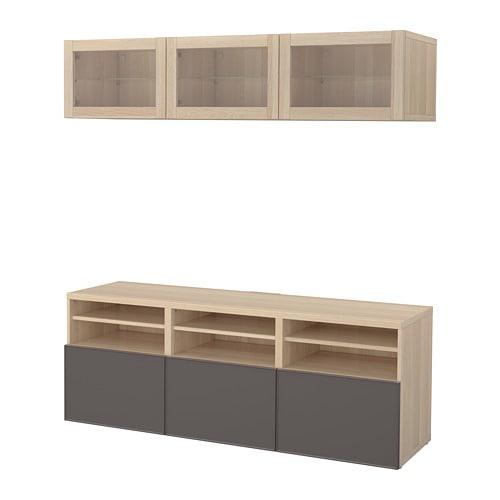 БЕСТО Шкаф для ТВ, комбин/стеклян дверцы - под беленый дуб Грундсвикен/темно-серый прозрачное стекло, направляющие ящика, плавно закр