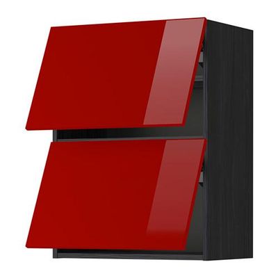 МЕТОД Навесной шкаф/2 дверцы, горизонтал - 60x80 см, Рингульт глянцевый красный, под дерево черный