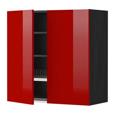 МЕТОД Навесной шкаф с посуд суш/2 дврц - 80x80 см, Рингульт глянцевый красный, под дерево черный