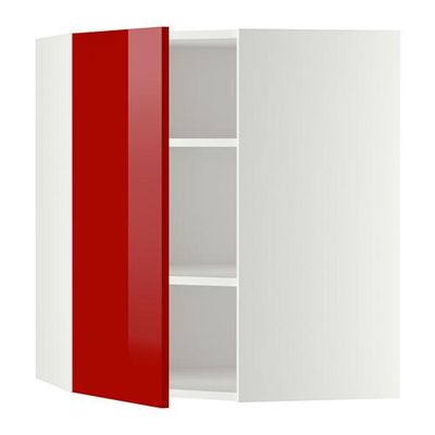 МЕТОД Угловой навесной шкаф с полками - 68x80 см, Рингульт глянцевый красный, белый