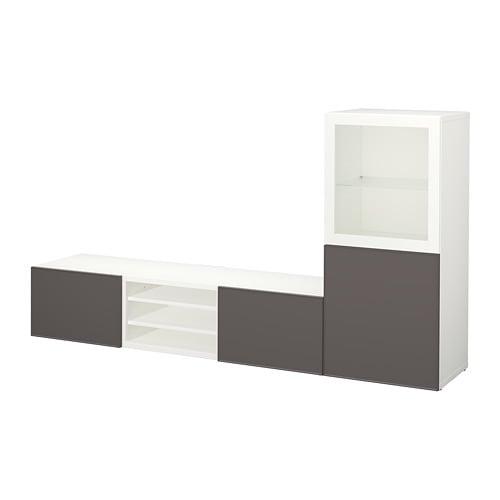 БЕСТО Шкаф для ТВ, комбин/стеклян дверцы - белый Грундсвикен/темно-серый прозрачное стекло, направляющие ящика,нажимные