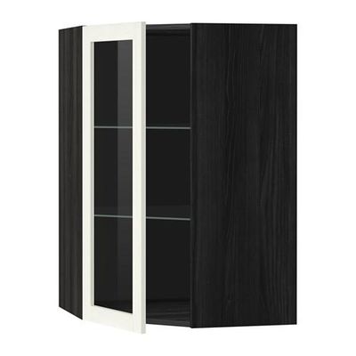 МЕТОД Углов навесн шк с полками/сткл дв - 68x100 см, Росдаль белый ясень, под дерево черный