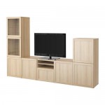 БЕСТО Шкаф для ТВ, комбин/стеклян дверцы - Ханвикен/Синдвик под беленый дуб, прозрачное стелко, направляющие ящика,нажимные