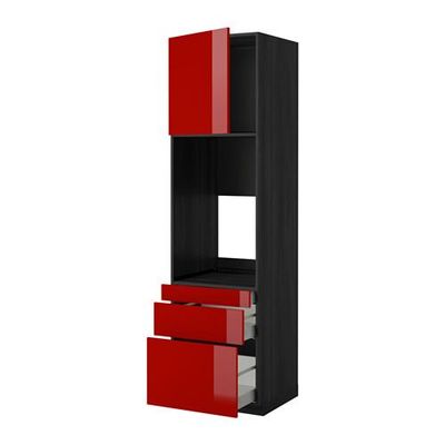 МЕТОД / МАКСИМЕРА Выс шкаф д/двойн духовки/3ящ/дверца - 60x60x220 см, Рингульт глянцевый красный, под дерево черный