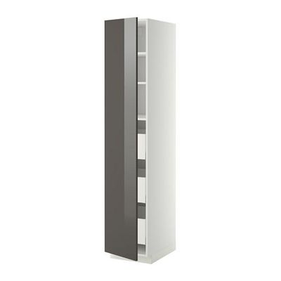 МЕТОД / МАКСИМЕРА Высокий шкаф с ящиками - 40x60x200 см, Рингульт глянцевый серый, белый