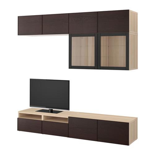 БЕСТО Шкаф для ТВ, комбин/стеклян дверцы - под беленый дуб Синдвик/Инвикен черно-коричневый прозрачное стекло, направляющие ящика,нажимные